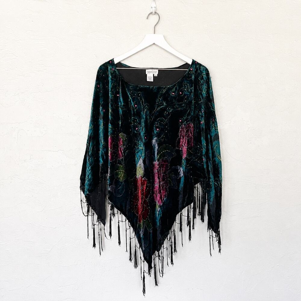 Coldwater Creek Velvet Burnout Beaded Floral Fringe Poncho OS